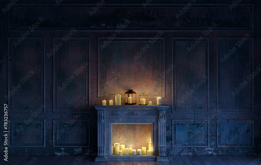 Fireplace and candles in an abandoned castle - obrazy, fototapety, plakaty 