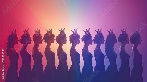 banner background International Beauty Pageant Day theme, and wide copy space, Silhouettes of diverse women wearing crowns against a gradient background,