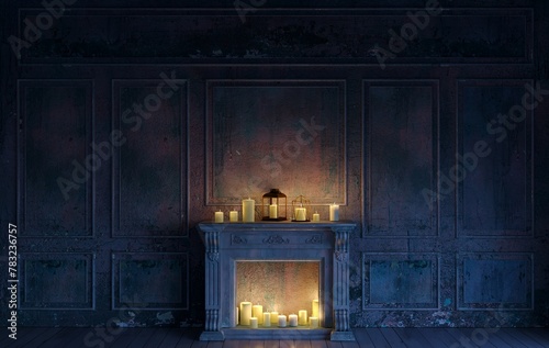 Fireplace and candles in an abandoned castle photo