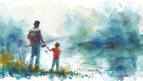 A man and a boy are fishing in a lake photo