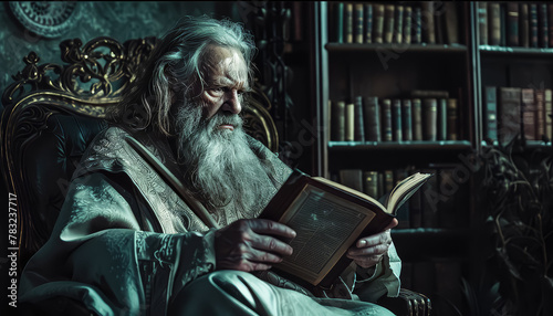 An old man in a robe is reading a book