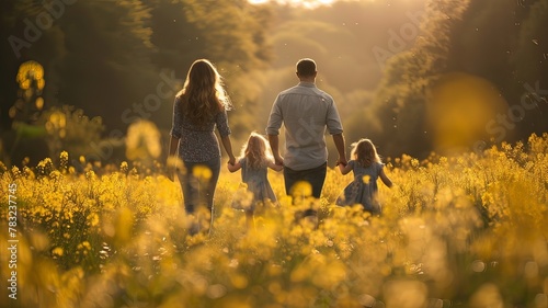 A family of four is walking through a field of yellow flowers