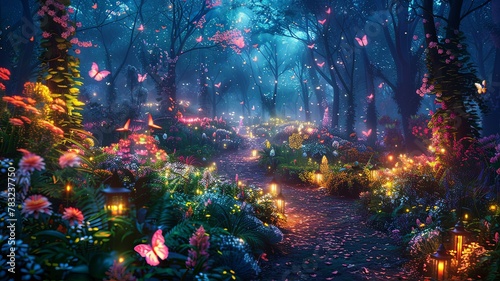 A forest with many butterflies and flowers