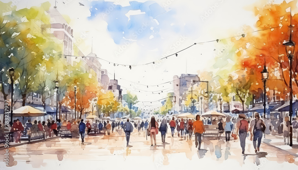 Obraz premium A busy city street with people walking and a few umbrellas