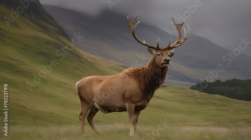 Big Noble Red Deer in the autumn forest. Close-up. Royal stag with large horns illuminated by the sun lies on the green grass. Deer in natural habitat. Wild life. Trophy. generative.ai © ARSHAD