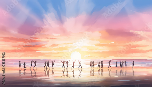 A group of people are standing on a beach