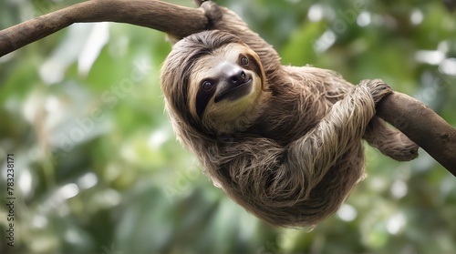 Funny sloth hanging on tree branch, cute face look, perfect portrait of wild animal in the Rainforest of Costa Rica scratching the belly. generative.ai photo