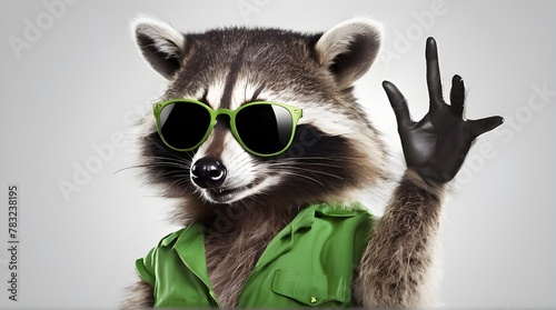 Funny raccoon in green sunglasses showing a rock gesture isolated on white background. generative.ai © ARSHAD