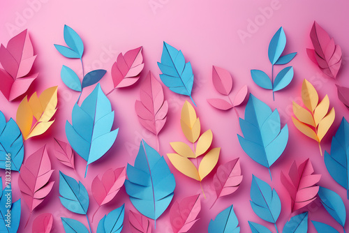 Paper Leaves Scatter on Pink Background