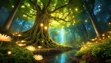 A magical forest combining manga and realistic art styles. 