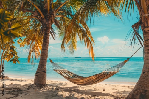 Tropical island getaway. relaxing in a hammock under a palm tree with stunning sea views