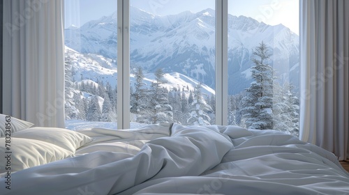 bedroom with white messy bedding and big window with view to beautiful. Summer  travel  vacation  holiday  mindfulness  relax  recreation  hotel  sleep