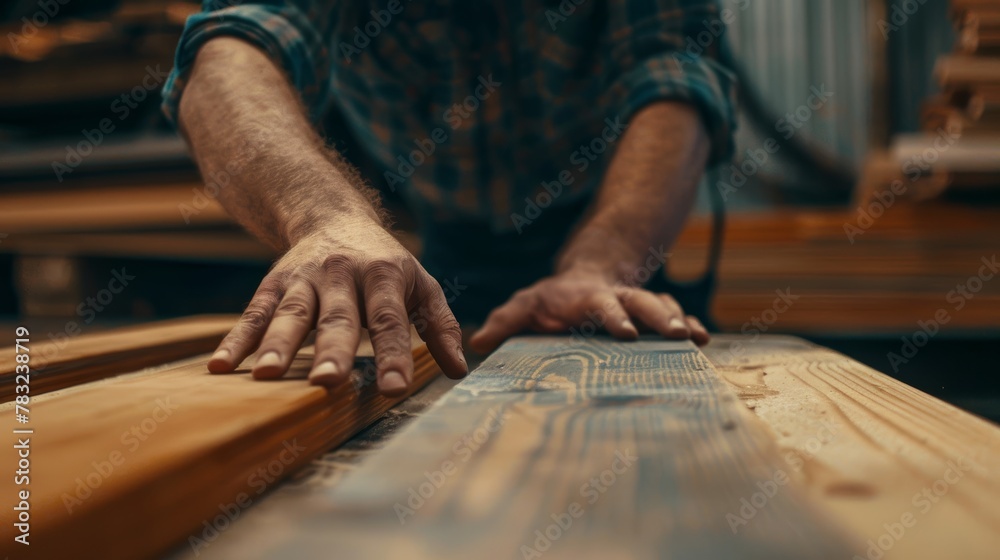close up man owner a small furniture business is preparing wood for production. carpenter male is adjust wood to the desired size. architect, designer close up man owner a small furniture business is preparing wood for production. carpenter male is adjust wood to the desired size. architect, designer