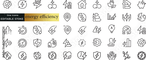 Line icons about energy efficiency and saving. Sustainable development. Thin line icon set. Symbol collection in transparent background. Editable vector stroke. 512x512 Pixel Perfect photo