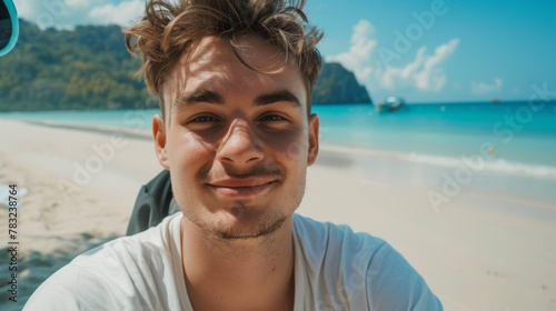 close-up shot of a good-looking male tourist. Enjoy free time outdoors near the sea on the beach. Looking at the camera while relaxing on a clear day Poses for travel selfies smiling happy tropical #783238764