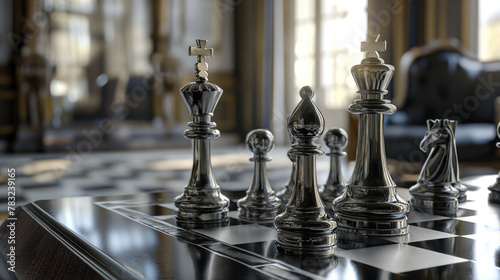 Chess pieces arranged on a wooden chessboard, representing strategy, competition, and intelligence in the game of chess