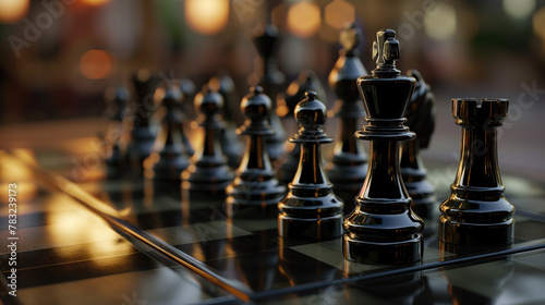 Chess pieces strategically placed on a wooden chessboard, symbolizing competition and strategy in the game of chess photo