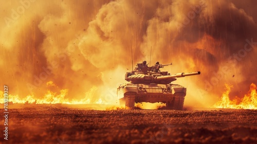 Armored tank crosses minefield in desert war, epic scene of fire, wide poster design with copy space