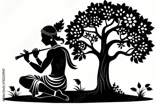 Hindu god Krishna sitting under a tall tree  with flute black silhouette on an white background