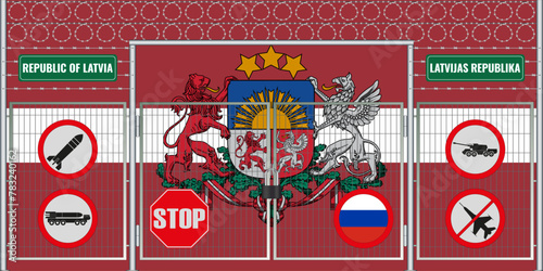 Vector illustration of the Latvian flag under the lattice. The concept of isolationism. No war.
