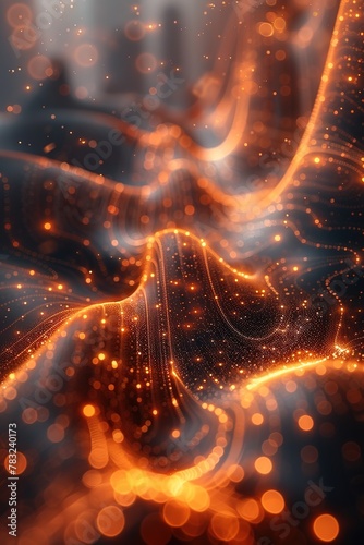 Abstract digital wave with glowing particles. Futuristic shape with depth of field and bokeh