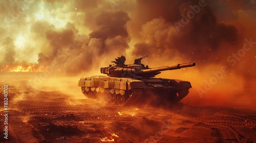 Armored tank in desert war crossing minefield with fire epic scene for wide poster design