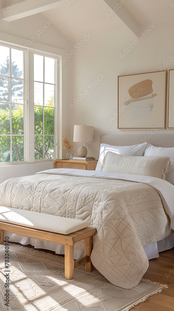 Fototapeta premium interior of modern bedroom with white linens, pillows and wooden bed