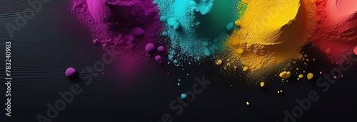 scattered piles of different colored powder on a matte dark background, holi festival, top view banner, copy space photo