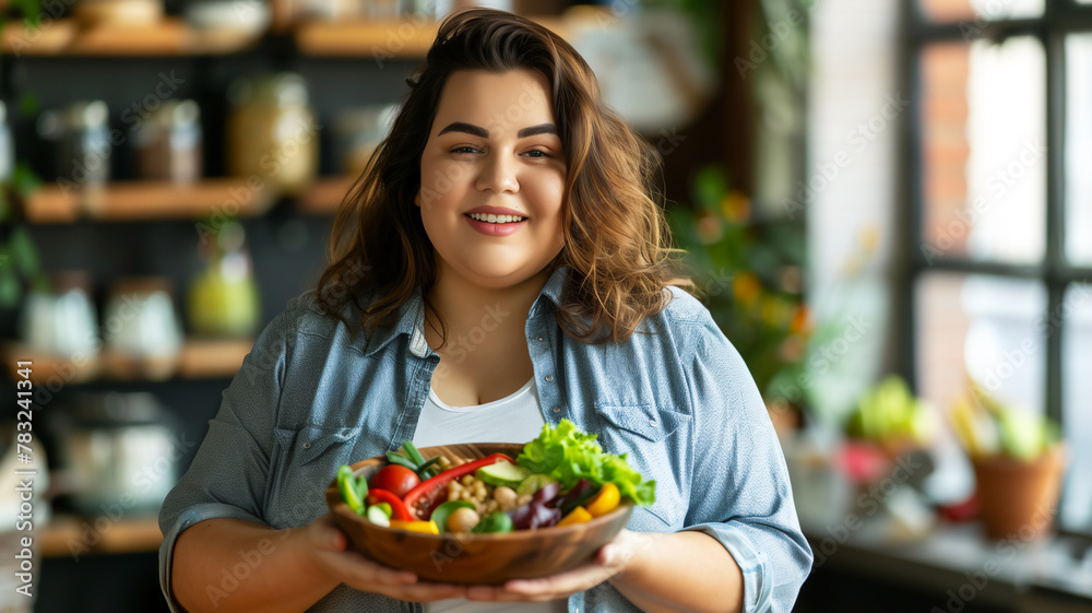 Happy confident overweight woman with salad bowl , Healthy food concept . starting diet .