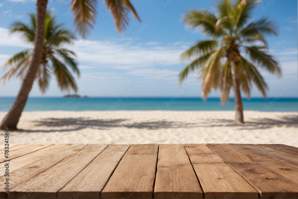Empty Wooden Table With Blur Beach And Sea On background. Sunny tropical exotic Caribbean paradise beach