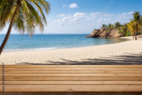 Empty Wooden Table With Blur Beach And Sea On background. Sunny tropical exotic Caribbean paradise beach © White IMGStock
