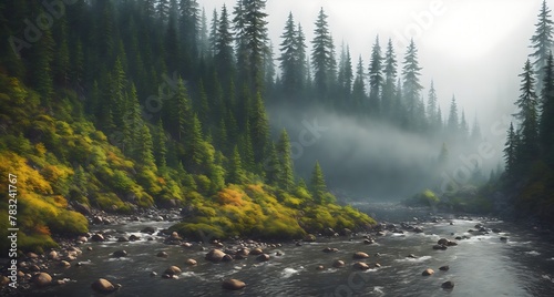 A river running through a forest with fog in the background. The trees are tall and green, and there are rocks along photo