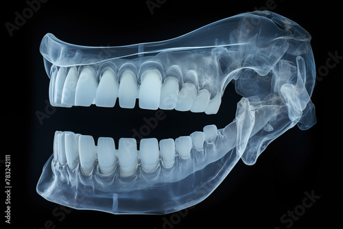 Dental office with panoramic x-ray a 3D scan model of patient jaw teeth AI Generative