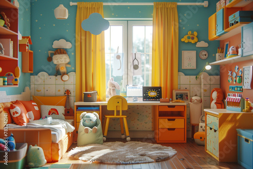 Beautiful child room interior with cute furniture and toys laptop on desk