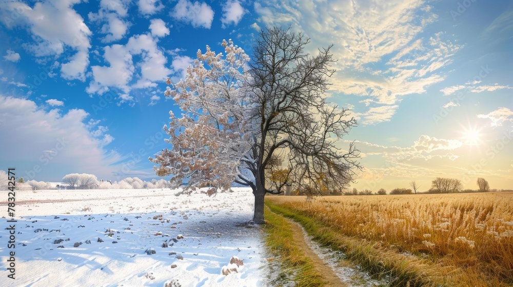 Seasonal split view summer vs winter in banner for climate change concept timeline Seasonal split view summer vs winter in banner for climate change concept timeline