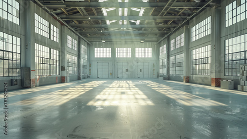 Majestic sunlit industrial warehouse interior with long shadows.