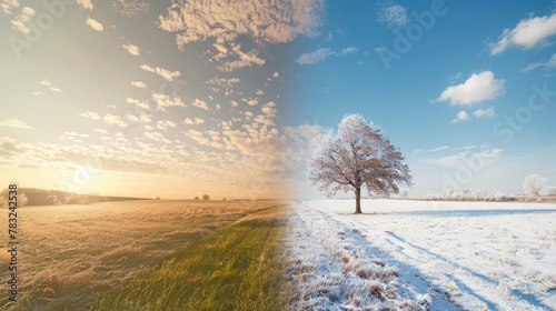 Split comparison summer vs winter showing environmental climate change timeline in wide banner