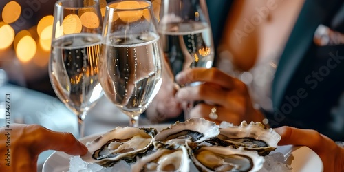 an elegant seafood soirée with images of freshly shucked oysters served on ice beds alongside flutes of bubbly champagne photo
