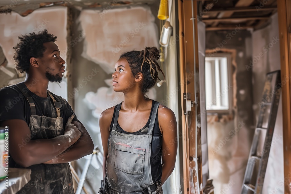 An African American couple is looking at the walls of their house for remodeling