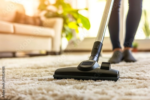 A person using a vacuum cleaner on a fluffy carpet, reflecting the concept of home cleaning and care