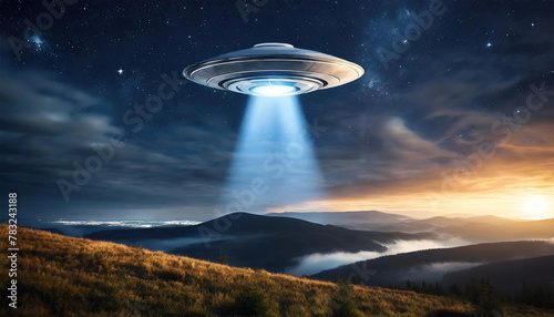 Extraterrestrial spaceship, UFO in the night sky.