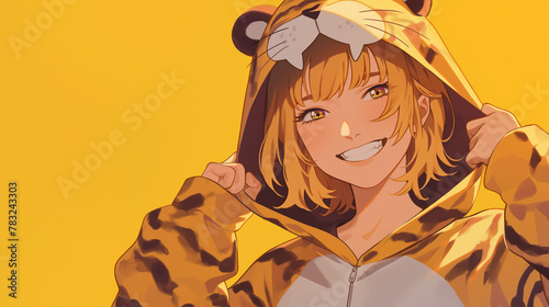 Linda mulher com fantasia de tigre no estilo anime 