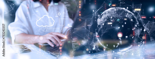 Woman uploading and transferring data from computer to cloud computing. digital technology concept document management supports large capacity and highly secure databases around the world.