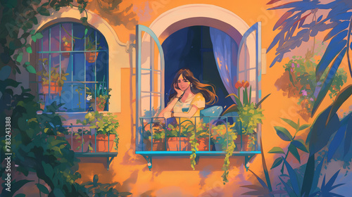 Mulher na varanda de sua casa olhando a paisagem - Ilustração photo