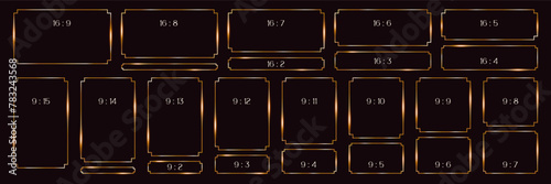 set gold line frames of rectangular shape, thin luxury borders in art deco style, different formats