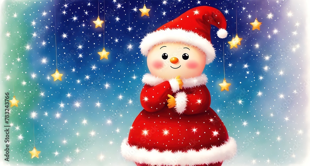 A cartoon character wearing a red and white Santa Claus costume, standing in front of a starry night sky.