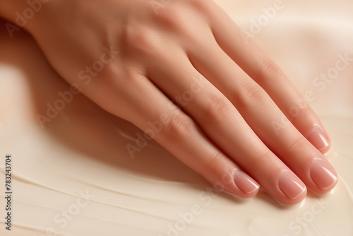 Female hand touches the cream.