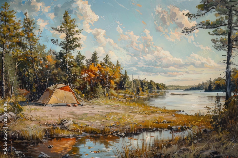 Craft a traditional oil painting featuring a wilderness camping scene from an unexpected camera angle, capturing the rugged beauty of nature in intricate detail