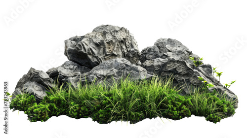 Green moss with decorative rocks and grass isolated on transparent background