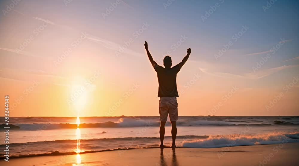 Happy man raising arms up enjoying sunset on the beach Happy man raising arms up enjoying sunset on the beach